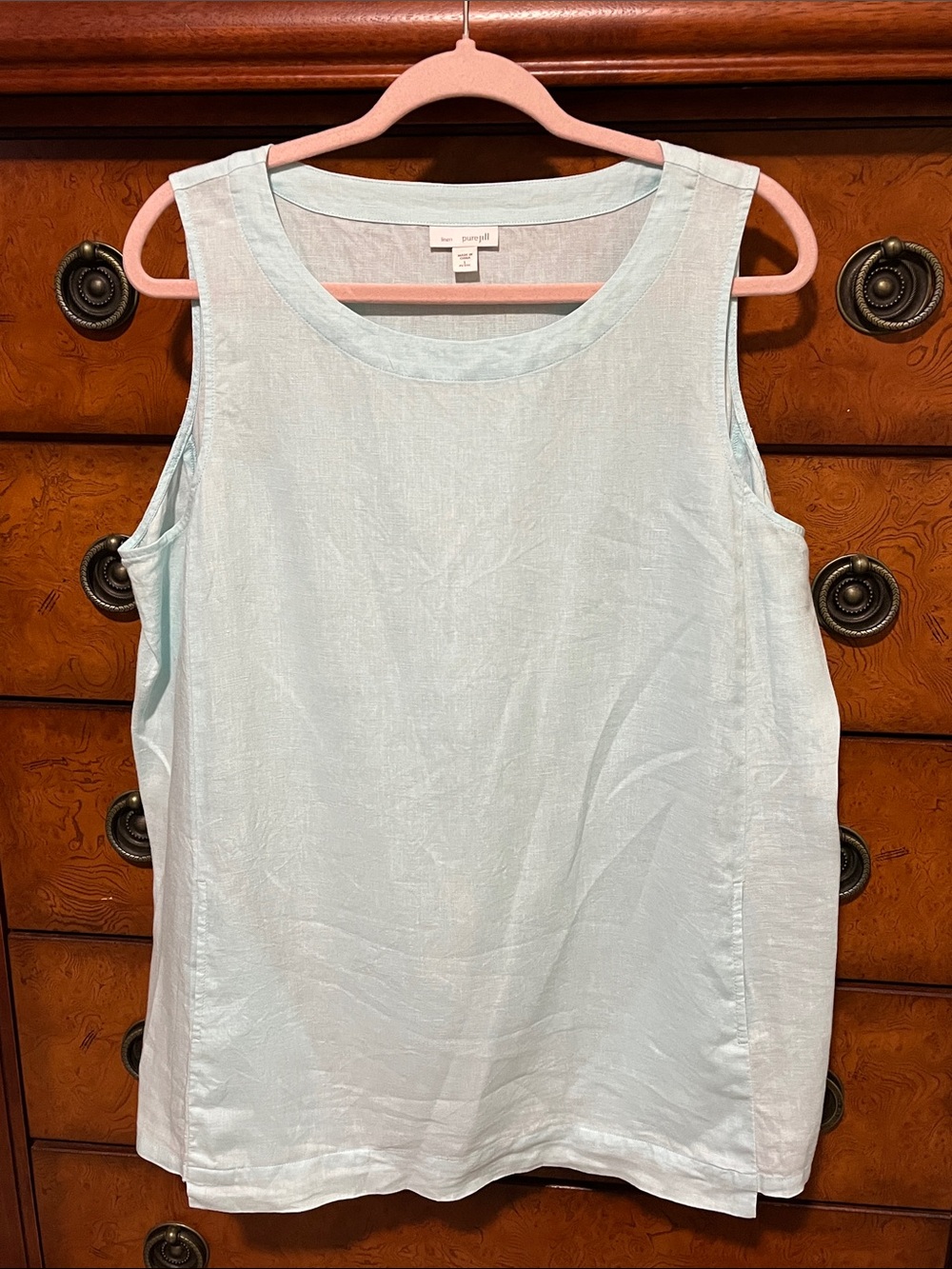Casual Sleeveless Linen Tank Top in Light Blue with pockets